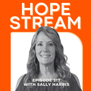 A woman with wavy hair smiling in a black-and-white photo. Bold text above reads HOPE STREAM. Below, it says Episode 317 with Sally Harris on an orange and white background.